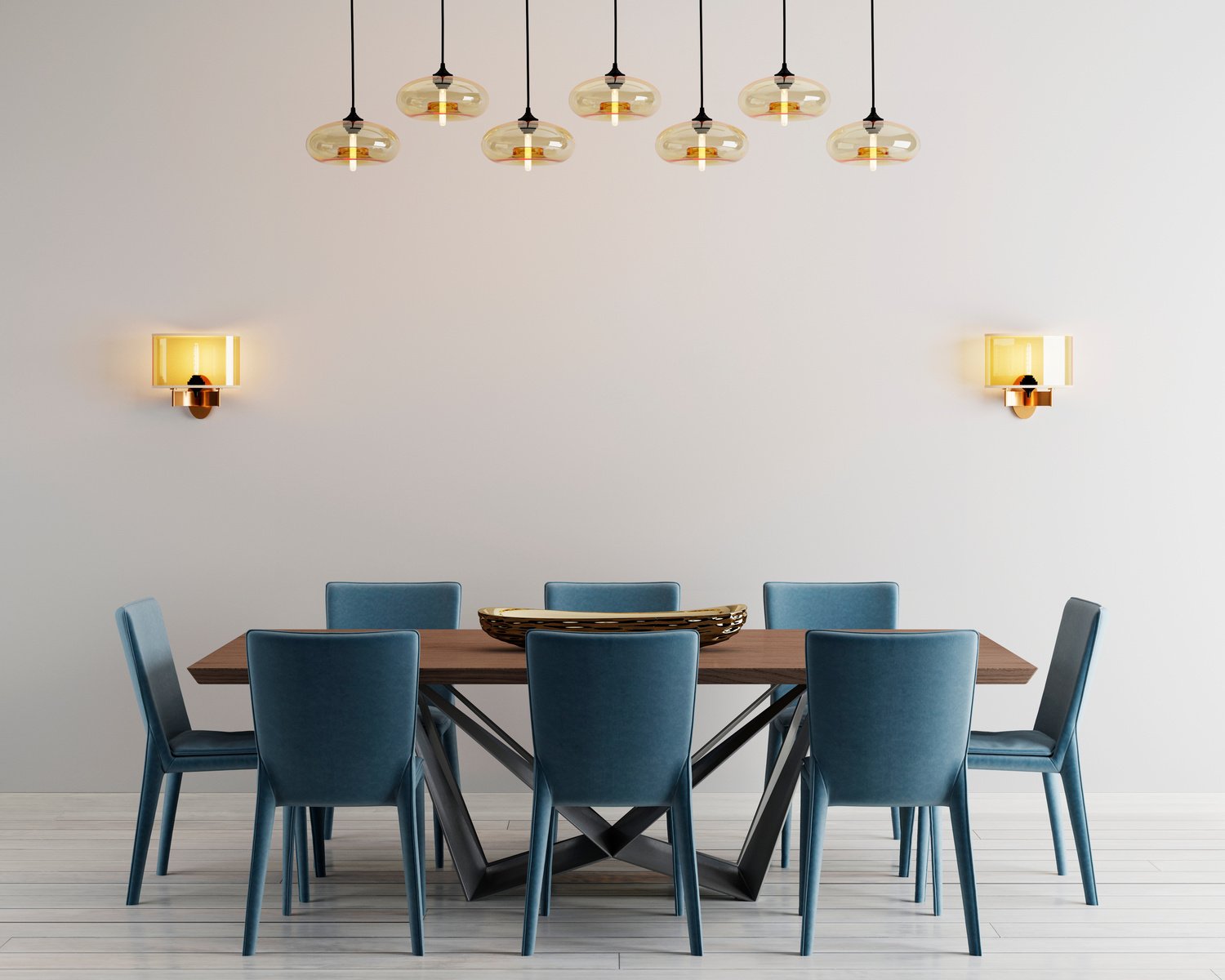 Modern minimalistic dining room interior with beige empty walls, a concrete table with blue chairs near it.